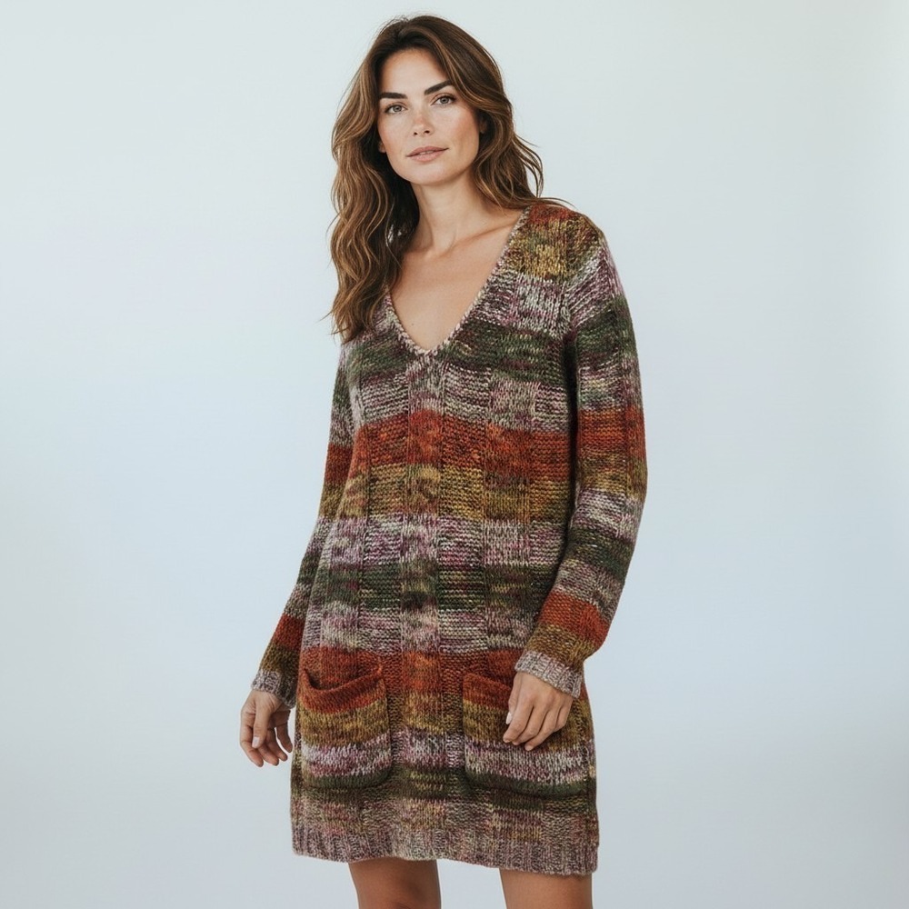 Ultra Flirt Sweater Dress Womens Medium Multi Color Space Dye Boho V-Neck Mini